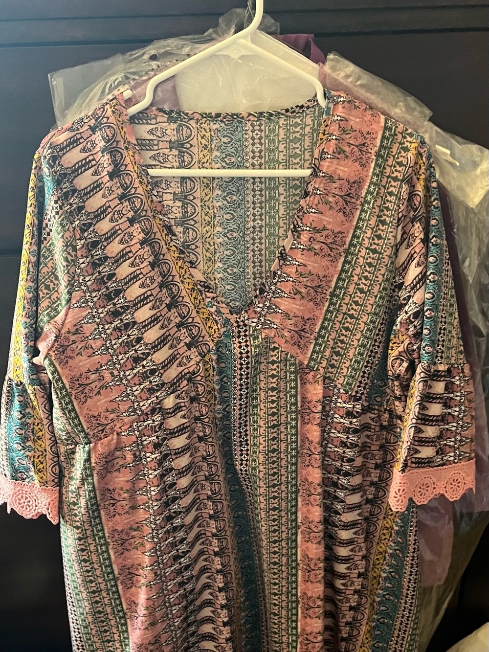 Boho Printed V-Neck Dress in Pink, Green & Blue